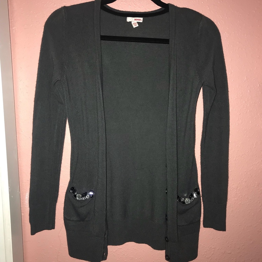 Grey Long Cardigan with Crystals in pockets